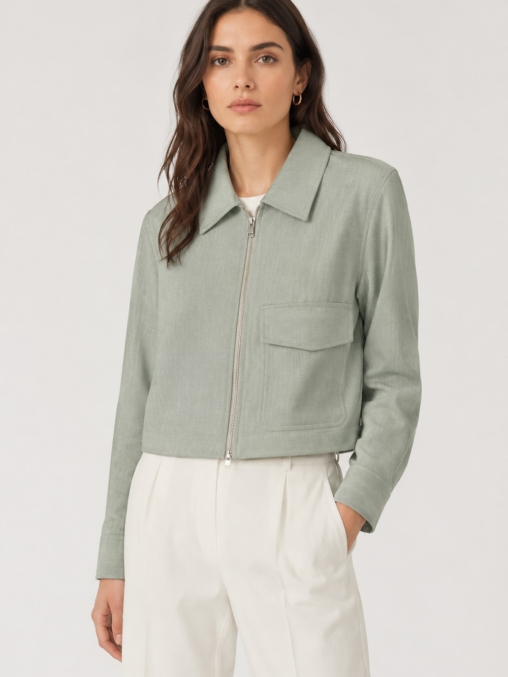 Club Monaco Cropped Zip Front Jacket in Sage Green
